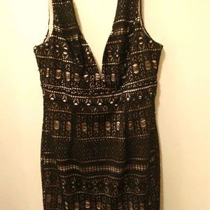 Black Crochet Lace Over Beige Minidress